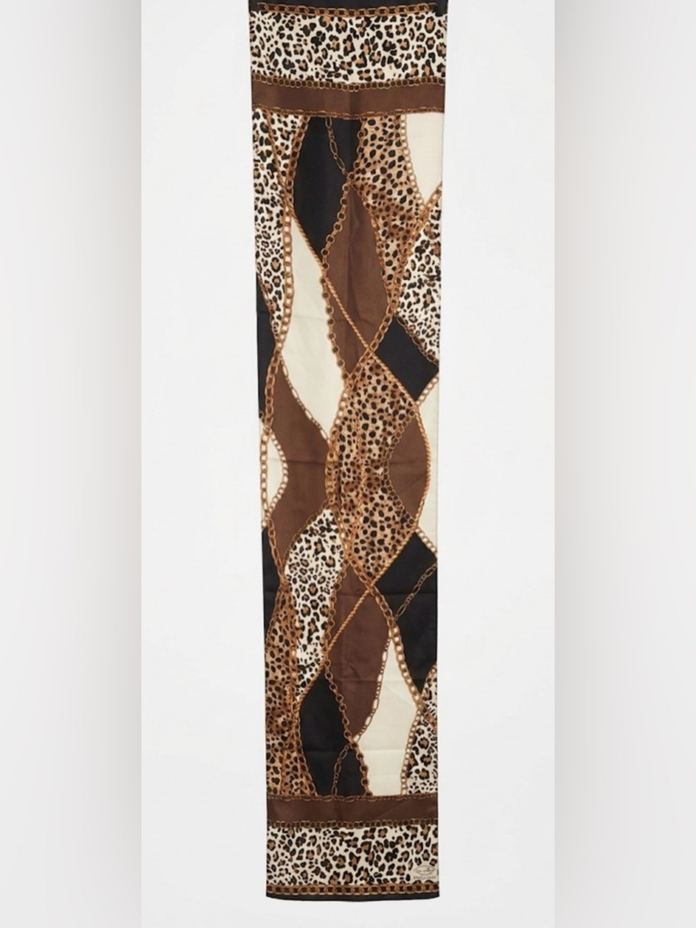 Vintage Oscar by Oscar de la Renta Silk Scarf Leopard Chain Print Brown Cream